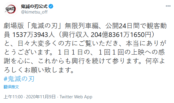 剧场版「鬼灭之刃：无限列车篇」票房突破204亿